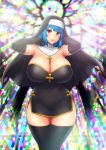  1girl absurdres black_dress black_gloves black_legwear blue_hair breasts church cleavage cross curvy dress elbow_gloves erkaz gloves highres huge_breasts lips medium_hair nun original red_eyes rina_atherina stained_glass thick_thighs thighhighs thighs 