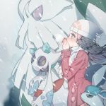  1girl abomasnow barrette beanie black_hair blue_eyes from_side froslass gen_4_pokemon glaceon hair_ornament hands_together hat highres hikari_(pokemon) long_hair long_sleeves own_hands_together pink_coat pokemon pokemon_(creature) pokemon_(game) pokemon_dppt profile scarf snowing white_headwear white_scarf wind winter_clothes zuizi 