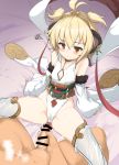  1boy 1girl andira_(granblue_fantasy) animal_ears antenna_hair bangs bar_censor bare_shoulders blonde_hair blush breasts censored cleavage_cutout closed_mouth clothed_female_nude_male collarbone commentary_request cum cum_on_body cum_on_lower_body detached_sleeves feet_out_of_frame fur_trim granblue_fantasy highres leotard male_pubic_hair momio monkey_ears nude penis pubic_hair red_eyes short_hair sitting small_breasts solo_focus spread_legs thighhighs two_side_up white_legwear wide_sleeves 