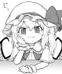  1girl ascot bow commentary_request crystal elbow_rest fang fang_out flandre_scarlet greyscale hand_on_own_cheek hand_up hat hat_bow highres long_hair looking_at_viewer mob_cap monochrome oninamako pointy_ears short_sleeves side_ponytail simple_background slit_pupils solo touhou upper_body white_background wings wrist_cuffs 