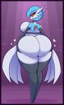  &lt;3 alternate_color anthro armwear back_boob big_breasts big_butt border breasts butt butt_squish clothed clothing dress female gardevoir hi_res huge_breasts huge_butt humanoid hyper hyper_breasts hyper_butt legwear looking_back mostly_nude nintendo not_furry partially_clothed pok&eacute;mon pok&eacute;mon_(species) presenting presenting_hindquarters purple_border r-mk seductive side_boob simple_background solo squish stockings straps video_games 