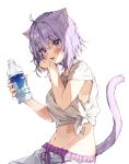 1girl ahoge alternate_costume animal_ear_fluff animal_ears blush bottle breasts casual cat_ears cat_tail cleavage commentary cowboy_shot eyebrows_visible_through_hair hair_between_eyes highres holding holding_bottle hololive idenshi_kumikae_(kabe_choron) lavender_hair looking_at_viewer medium_breasts midriff navel nekomata_okayu open_mouth pants purple_eyes shirt short_hair simple_background smile solo sweat sweatpants tail tied_shirt virtual_youtuber water_bottle white_background white_pants white_shirt wiping_face 