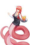  1girl :d alternate_costume black_skirt breasts collarbone cup drink eyebrows_visible_through_hair fang hair_between_eyes hair_ornament hairclip holding holding_tray lamia large_breasts long_hair long_sleeves miia_(monster_musume) miniskirt monster_girl monster_musume_no_iru_nichijou official_art okayado open_mouth pointy_ears scales sidelocks simple_background skirt smile tray waitress white_background 