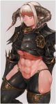  1girl abs animal_ears arm_at_side arm_behind_back armor bangs black_armor black_horns black_legwear blonde_hair blunt_bangs border breasts closed_mouth densen_(itoguchi) expressionless gauntlets grey_background highres horns huge_breasts long_hair looking_at_viewer muscle muscular_female navel original pauldrons pink_eyes revealing_clothes shoulder_armor simple_background skindentation solo thick_thighs thighhighs thighs underboob white_border 