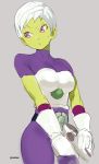  1girl :/ absurdres artist_name belt belt_buckle blue_belt bodysuit breasts buckle cheelai commentary cowboy_shot dragon_ball_super_broly energy_gun gloves green_skin grey_background gun hand_on_weapon highres holding holding_gun holding_weapon large_breasts looking_away looking_to_the_side purple_bodysuit purple_eyes raised_eyebrow ray_gun short_hair short_sleeves signature simple_background solo standing sweat twitter_username unknownid weapon white_gloves white_hair 