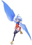  1girl :d ahoge black_legwear blue_feathers blue_hair blue_neckwear breasts buttons eyebrows_visible_through_hair feathered_wings floating frilled_skirt frills full_body hair_between_eyes harpy monster_girl monster_musume_no_iru_nichijou official_art okayado open_mouth orange_eyes papi_(monster_musume) short_hair simple_background skirt small_breasts smile solo standing thighhighs white_background wings 