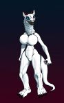  anthro big_breasts big_feet biped black_claws black_lips blue_eyes breasts claws feet female fur glistening hi_res horn humanoid lips monster narrowed_eyes nude nullo pupils simple_background slit_pupils smile solo standing sweetmeat synx teeth thick_tail white_body white_skin 