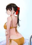  1girl :t ass back bikini black_hair blush breasts candy closed_mouth commentary cowboy_shot earrings eyelashes food from_behind hair_ornament hair_ribbon hairclip highres innertube jewelry jun_(seojh1029) lollipop long_hair looking_at_viewer looking_back medium_breasts midriff mouth_hold orange_eyes original ponytail pool ribbon scowl side-tie_bikini simple_background solo_focus sparkling_eyes swimsuit thighs wading wet wet_hair white_background yellow_bikini 