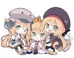  &gt;_o 3girls :d ;) ahoge artoria_pendragon_(all) artoria_pendragon_(caster) bangs beni_shake beret black_cape black_headwear black_legwear blonde_hair blush boots brown_footwear brown_gloves cape closed_mouth commentary_request crown double_v dress eyebrows_visible_through_hair fate/grand_order fate_(series) girl_sandwich gloves green_eyes grey_headwear grey_skirt hair_between_eyes hands_up hat long_hair looking_at_viewer mini_crown multiple_girls one_eye_closed open_mouth pantyhose sandwiched shirt signature simple_background sitting skirt smile thighhighs tilted_headwear v very_long_hair white_background white_dress white_shirt 