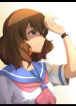  1girl bangs blue_sailor_collar brown_eyes brown_hair collared_shirt eyebrows_visible_through_hair hair_between_eyes hibike!_euphonium highres kawamura_tsukasa medium_hair oumae_kumiko parted_lips pink_neckwear sailor_collar sailor_shirt shirt short_sleeves simple_background solo upper_body watch white_background white_shirt wristwatch 