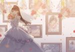  1girl artist_self-reference bangs bare_shoulders blurry_foreground bouquet bridal_veil brown_eyes brown_hair collarbone commentary_request cowboy_shot detached_sleeves dress floating_hair flower gloves holding holding_bouquet lace_sleeves layered_skirt long_hair looking_at_viewer necojishi original painting_(object) parted_lips petals picture_frame skirt solo standing swept_bangs veil very_long_hair wedding_dress white_gloves 