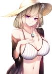  1girl animal_ear_fluff animal_ears arknights bikini blurry breasts brown_hair brown_headwear cleavage closed_mouth collarbone hand_on_own_chest hat highres jewelry large_breasts leria_v looking_at_viewer navel necklace open_clothes purple_eyes short_hair simple_background solo stomach straw_hat string_bikini swimsuit upper_body utage_(arknights) white_background white_bikini 