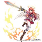  1girl angel angel_wings armor blue_eyes boots breastplate character_request commentary_request copyright_request eyebrows_visible_through_hair hair_between_eyes halo high_heel_boots high_heels holding holding_sword holding_weapon knee_pads long_hair long_sleeves official_art open_mouth orange_hair sakura_shiho shoulder_armor simple_background skirt solo sword teeth thighhighs tongue weapon white_background wings zettai_ryouiki 