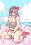  1girl black_hair breasts cleavage cloud curly_hair curvy dragon_ball dragon_ball_(classic) hair_ribbon hairband highres long_hair looking_at_viewer lunch_(dragon_ball) midriff millefeuille ocean plump ribbon shorts solo thick_thighs thighs 
