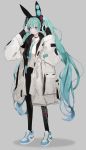  1girl :o absurdres adjusting_headphones animal_ear_headphones aqua_footwear aqua_hair black_legwear commentary full_body green_hair green_neckwear grey_background hair_ornament hair_ribbon hatsune_miku headphones highres holding holding_headphones jacket long_hair long_sleeves looking_at_viewer loose_necktie mile_(mil2) necktie nike open_clothes open_jacket pantyhose ribbon shirt shoes simple_background sneakers standing twintails very_long_hair vocaloid white_footwear white_jacket white_shirt 