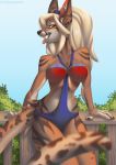  anthro big_breasts blonde_hair breasts claws clothed clothing diaminerre digital_media_(artwork) fangs felid feline female hair looking_at_viewer mammal open_mouth outside simple_background solo stripes swimwear tongue tongue_out yellow_eyes 