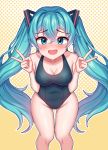  1girl :d absurdres aqua_eyes aqua_hair bangs bare_shoulders blue_swimsuit blush breasts cleavage collarbone embarrassed eyebrows_visible_through_hair hair_between_eyes hair_ornament hatsune_miku highres kk_(aky2374) legs long_hair medium_breasts navel open_mouth school_swimsuit simple_background sleeveless smile solo swimsuit thigh_gap thighs twintails very_long_hair vocaloid 