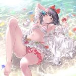  1girl aldehyde armpits arms_up bangs bare_shoulders bikini black_hair blush bow breasts choker closed_mouth collarbone flower frilled_choker frills granblue_fantasy hair_bow hair_flower hair_ornament highres knee_up leg_garter legs looking_at_viewer lying microskirt mouse navel on_back open_mouth pink_bikini red_bow red_eyes shore short_hair skirt small_breasts striped striped_bikini swimsuit thighs vikala_(granblue_fantasy) water wet 