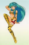  1980s_(style) 1girl animal_print armband artist_request bikini blue_eyes boots choker eyebrows_visible_through_hair eyeshadow full_body green_hair hand_behind_head horns knee_boots knife long_hair looking_at_viewer lum makeup official_art oldschool smile solo swimsuit thigh_boots thigh_strap thighhighs tiger_print tiger_stripes urusei_yatsura wristband 