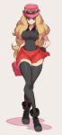  1girl ankle_boots bag black_legwear boots bracelet breasts crossed_legs eyewear_on_headwear facing_viewer hand_on_hip handbag highres impossible_clothes impossible_shirt jewelry large_breasts legs long_hair long_legs nac000 pokemon pokemon_(game) pokemon_xy red_skirt serena_(pokemon) shirt skirt sleeveless sleeveless_shirt slender_waist solo sunglasses thighhighs white_background zettai_ryouiki 