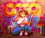  2020 activision anthro bandicoot beanie blonde_hair bottomwear breasts clothed clothing coco_bandicoot crash_bandicoot_(series) crouching digital_media_(artwork) female footwear graffiti green_eyes hair hand_on_face hat headgear headwear holding_object jeans llmixll looking_at_viewer mammal marsupial pants shirt short_hair smile solo spray_can text topwear url video_games 