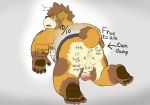 2020 absurd_res anthro anus balls belly blush bodily_fluids brown_body brown_fur butt canid canine canis cum cum_on_anus cum_on_balls cum_on_butt domestic_dog english_text fur genital_fluids genitals hi_res kemono male mammal overweight overweight_anthro overweight_male penis reddo12340 simple_background solo text text_on_body through_wall 