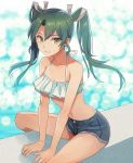  1girl bikini blue_shorts closed_mouth collarbone denim denim_shorts frilled_bikini frills green_eyes green_hair hair_between_eyes hair_ribbon kantai_collection kasumi_(skchkko) legs_apart long_hair navel ribbon shorts sitting smile solo swimsuit twintails white_bikini white_ribbon zuikaku_(kantai_collection) 