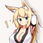  1:1 animal_humanoid armwear big_breasts blonde_hair blue_eyes blush breasts bust_portrait canid canid_humanoid canine canine_humanoid cleavage clothed clothing detached_sleeves female fox_humanoid fully_clothed hair hand_behind_head hi_res humanoid inner_ear_fluff light_skin long_hair looking_at_viewer mammal mammal_humanoid monotone_hair portrait simple_background smile solo tuft tylwing 