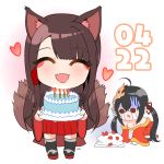  2girls :d ^_^ ^o^ akagi_(azur_lane) all_fours animal_ears aye azur_lane bare_shoulders bird_mask birthday_cake black_legwear bow brown_hair cake candle carrying chibi closed_eyes crying crying_with_eyes_open dated eyeshadow food fox_ears fox_girl fox_tail gloom_(expression) gradient gradient_background hair_bow hair_ornament hair_ribbon hairclip heart kyuubi long_hair looking_at_viewer makeup mask mask_on_head multiple_girls multiple_tails off-shoulder_kimono off_shoulder open_mouth pleated_skirt ribbon signature simple_background skirt smile strawberry_cake streaming_tears taihou_(azur_lane) tail tears thighhighs twintails wide_sleeves zettai_ryouiki 
