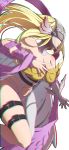  1girl angel_wings angewomon armpits asymmetrical_clothes asymmetrical_legwear bare_shoulders belt black_belt blonde_hair breasts chromatic_aberration cleavage commentary_request covered_eyes cowboy_shot digimoji digimon elbow_gloves floating floating_hair from_side gloves head_wings helmet highres large_breasts leg_belt long_hair multiple_wings navel navel_cutout pakotaroh pink_ribbon ribbon simple_background single_glove skindentation smile solo underbust white_background white_gloves wings wrist_wings 