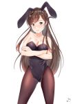  1girl amaiamai_sc animal_ears bangs black_leotard blush breasts brown_hair brown_legwear bunny_ears bunnysuit cleavage closed_mouth collarbone eyebrows_visible_through_hair fake_animal_ears kanojo_okarishimasu large_breasts legs leotard long_hair looking_at_viewer mizuhara_chizuru nose_blush pantyhose solo strapless strapless_leotard very_long_hair white_background yellow_eyes 