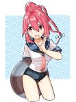  1girl blue_sailor_collar blue_swimsuit collarbone commentary_request contrapposto cropped_legs hair_ribbon i-168_(kantai_collection) kantai_collection lifebuoy long_hair looking_at_viewer necktie ponytail red_eyes red_hair red_neckwear ribbon sagamiso sailor_collar sailor_shirt school_swimsuit school_uniform serafuku shirt solo swimsuit two-tone_background 