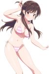  1girl bangs bare_shoulders bikini blush breasts brown_hair cleavage kanojo_okarishimasu komatsu_(sakanae) large_breasts legs long_hair mizuhara_chizuru navel stomach string_bikini string_panties striped striped_bikini swimsuit thighs white_background 