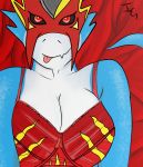  anthro blue_body blue_skin breasts clothed clothing digimon digimon_(species) female flamedramon hi_res immoveableguide looking_at_viewer non-mammal_breasts red_eyes reptile scalie simple_background smile solo topwear 