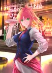  1girl alcohol bar bar_stool bartender black_vest blonde_hair bottle breasts commentary_request cup drinking_glass fate/grand_order fate_(series) green_eyes hair_between_eyes hand_on_hip highres holding holding_plate light_smile maho_(yakimorokoshi) medium_breasts medium_hair messy_hair mordred_(fate) mordred_(fate)_(all) necktie plate ponytail red_neckwear shirt solo stool vest white_shirt wine wine_bottle wine_glass 