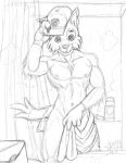  anthro avoid_posting bathroom canid canine canis domestic_dog ebonyleopard hi_res inside looking_at_viewer male mammal muscular muscular_anthro muscular_male nipples paw_patrol rocky_(paw_patrol) shower solo towel 