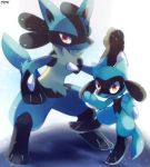  2020 baby_pok&eacute;mon biped black_body blue_body blue_fur canid chest_spike detailed_background digital_media_(artwork) duo floor fur hand_spike looking_at_viewer lucario mammal nintendo open_mouth orange_eyes paws pok&eacute;mon pok&eacute;mon_(species) pose red_eyes riolu semi-anthro simple_background size_difference smile spikes spikes_(anatomy) tan_body tan_fur tufted_fur video_games white_background zoroa553 