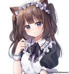  1girl animal_ear_fluff animal_ears apron bangs black_dress black_neckwear black_ribbon blue_eyes blush breasts brown_hair cat_ears cat_girl check_copyright chyoling closed_mouth collared_dress copyright_request dress frilled_apron frilled_hairband frills hairband hand_up long_hair looking_at_viewer maid maid_apron maid_headdress original puffy_short_sleeves puffy_sleeves ribbon short_sleeves simple_background solo two_side_up upper_body white_background wrist_cuffs 