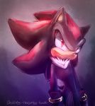  1boy animal_ears artist_name black_hair closed_mouth commentary english_commentary furry gloves looking_at_viewer male_focus multicolored_hair red_eyes red_hair shadow_the_hedgehog sideways_mouth simple_background solo sonic_the_hedgehog spacecolonie standing tail tumblr_username two-tone_hair 