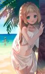  2girls :d bangs bare_shoulders beach bikini blonde_hair blue_sky blunt_bangs blurry blurry_background blush braid collarbone commentary_request cowboy_shot day e-co eyebrows_visible_through_hair glint green_eyes groin lillie_(pokemon) long_hair looking_at_viewer mao_(pokemon) midriff multiple_girls navel ocean open_mouth outdoors palm_tree pokemon pokemon_(game) pokemon_sm sand sarong sidelocks signature sky smile solo_focus standing swimsuit tankini tree white_bikini white_sarong 