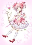  1girl arisu_(mikannjs) arrow_(projectile) blush bow_(weapon) commentary_request gloves hair_ornament kaname_madoka looking_at_viewer magical_girl mahou_shoujo_madoka_magica pink_eyes pink_hair ribbon simple_background skirt smile solo weapon white_background 