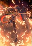  1girl armor blue_cape blue_eyes blue_hair cape dark_sky embers falchion_(fire_emblem) fire fire_emblem fire_emblem_awakening gloves highres holding holding_sword holding_weapon k3nzoteruta looking_at_viewer lucina_(fire_emblem) pose scabbard serious sheath solo standing strap sword symbol-shaped_pupils tree weapon 