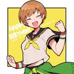  1girl brown_hair closed_eyes clothes_around_waist do_m_kaeru jacket jacket_around_waist persona persona_4 satonaka_chie school_uniform serafuku short_hair skirt smile solo track_jacket 