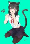  7_calpis_7 animal_ear_fluff animal_ears bangs black_hair black_legwear blue_sailor_collar blue_skirt blush breasts cat_ears cat_girl cat_tail claw_pose commentary_request eyebrows_visible_through_hair full_body green_background hair_between_eyes highres long_hair looking_at_viewer neckerchief original pantyhose pleated_skirt red_eyes red_neckwear sailor_collar school_uniform serafuku short_sleeves signature simple_background skirt small_breasts solo tail tail_raised v-shaped_eyebrows 