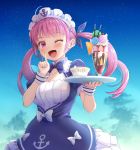  1girl :d anchor_print anchor_symbol bangs blue_dress blue_hair blue_ribbon blue_sky blunt_bangs bow bowtie braid breasts cherry cleavage cloud collarbone colored_inner_hair commentary_request cup dress drill_hair food french_braid fruit hair_ribbon haniwa_(leaf_garden) highres holding holding_food holding_tray hololive ice_cream index_finger_raised long_hair macaron maid maid_dress maid_headdress medium_breasts minato_aqua multicolored_hair nail_polish one_eye_closed open_mouth orange orange_slice parfait pocky purple_eyes purple_hair ribbon sidelocks sky smile solo star_(sky) starry_sky strawberry streaked_hair teacup tray twin_drills twintails two-tone_hair virtual_youtuber wrist_cuffs 