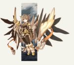  1girl arm_at_side brown_hair clenched_hand full_body gauntlets looking_at_viewer pixiv_fantasia pixiv_fantasia_age_of_starlight purple_eyes satou_(terzoterzo) simple_background smile solo wings 