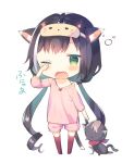  1girl animal_ear_fluff animal_ears black_hair blush bow cat_ears cat_girl cat_tail commentary_request fang full_body green_eyes hair_bow hand_up holding holding_stuffed_animal karyl_(princess_connect!) long_hair long_sleeves low_twintails mask mask_on_head multicolored_hair no_shoes off_shoulder one_eye_closed open_mouth pink_shirt pink_shorts princess_connect! princess_connect!_re:dive red_bow red_legwear rubbing_eyes shirt short_shorts shorts simple_background sleep_mask sleepy solo standing streaked_hair stuffed_animal stuffed_cat stuffed_toy tail thighhighs translation_request twintails very_long_hair waking_up wavy_mouth white_background white_hair yuizaki_kazuya 