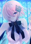  1girl ahoge bangs bare_shoulders black_bow black_flower blurry blurry_background blush bow breasts closed_mouth commentary_request depth_of_field dress eyebrows_visible_through_hair fate/grand_order fate_(series) flower gloves hair_flower hair_ornament hair_over_one_eye hand_up highres mash_kyrielight medium_breasts noto_kurumi pink_hair purple_eyes sleeveless sleeveless_dress smile solo upper_body white_dress white_gloves 