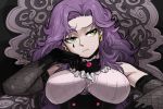  1girl absurdres bare_shoulders black_background black_gloves breasts chair closed_mouth dated_commentary earrings elbow_gloves facial_mark gigle gloves green_eyes highres jewelry large_breasts long_hair original purple_hair sitting solo underbust upper_body 