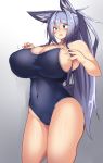  absurd_res animal_humanoid big_breasts blue_eyes blush breasts canid canid_humanoid canine canine_humanoid cleavage clothed clothing female fox_humanoid glistening glistening_body glistening_skin gradient_background grey_background hair hi_res huge_breasts humanoid indigo_(tylwing) inner_ear_fluff light_skin long_hair mammal mammal_humanoid monotone_hair navel nipple_outline one-piece_swimsuit ponytail purple_hair simple_background solo standing swimwear tight_clothing tuft tylwing wide_hips 